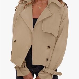Cropped Beige Trench Coat with Double-Breasted Detail